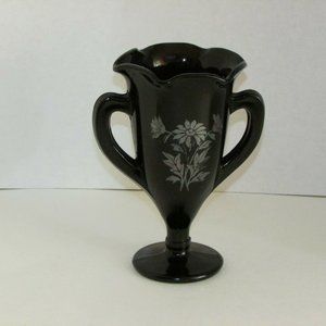 Vintage Black Amethyst Glass Loving Cup Purple Silver Overlay Vase